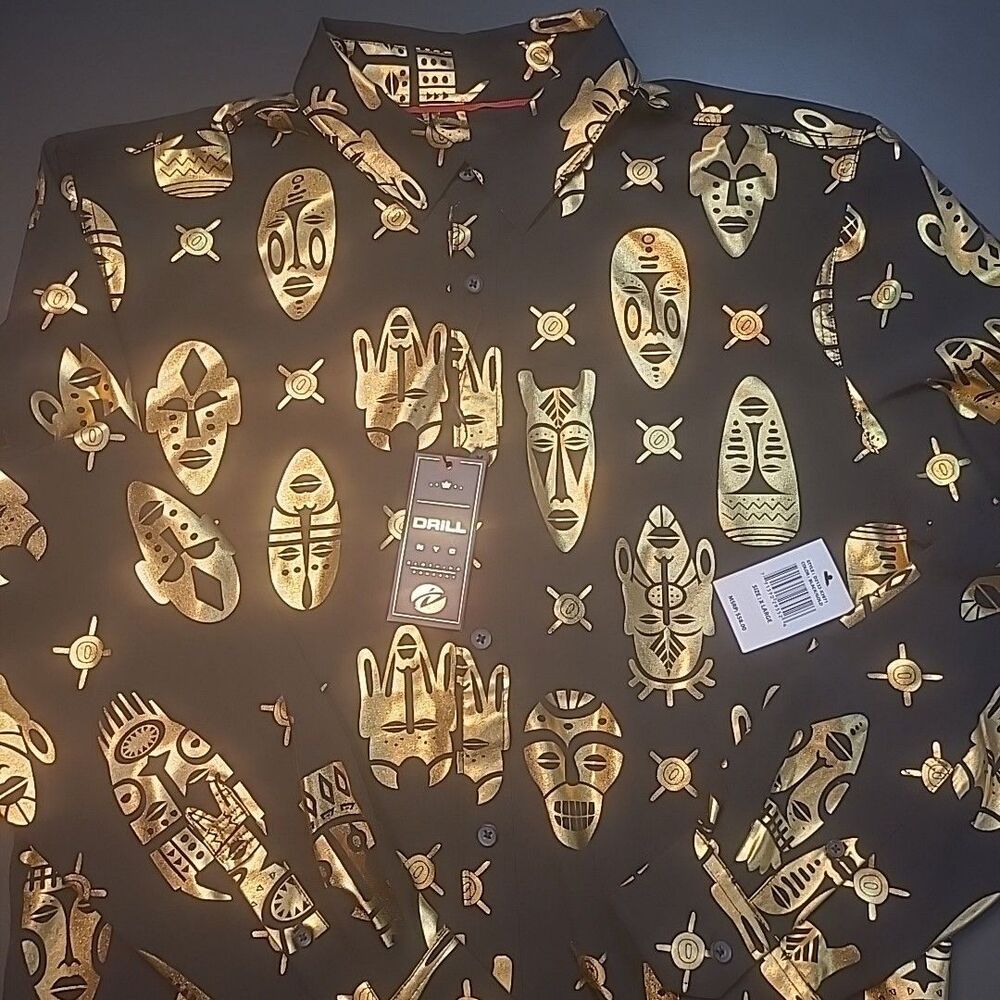 Drill NYC Black Mens Shirt Long Sleeve Gold Foil African Masks XL NEW NWT